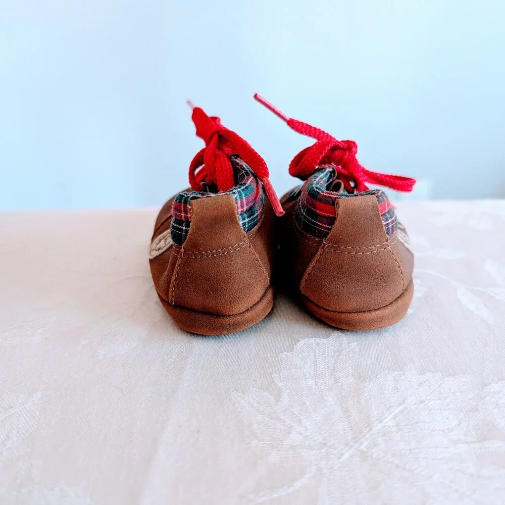VTG 80s Dyna Kids Brown Baby Shoes Size 2 Red Laces Tartan Plaid Preppy Classic